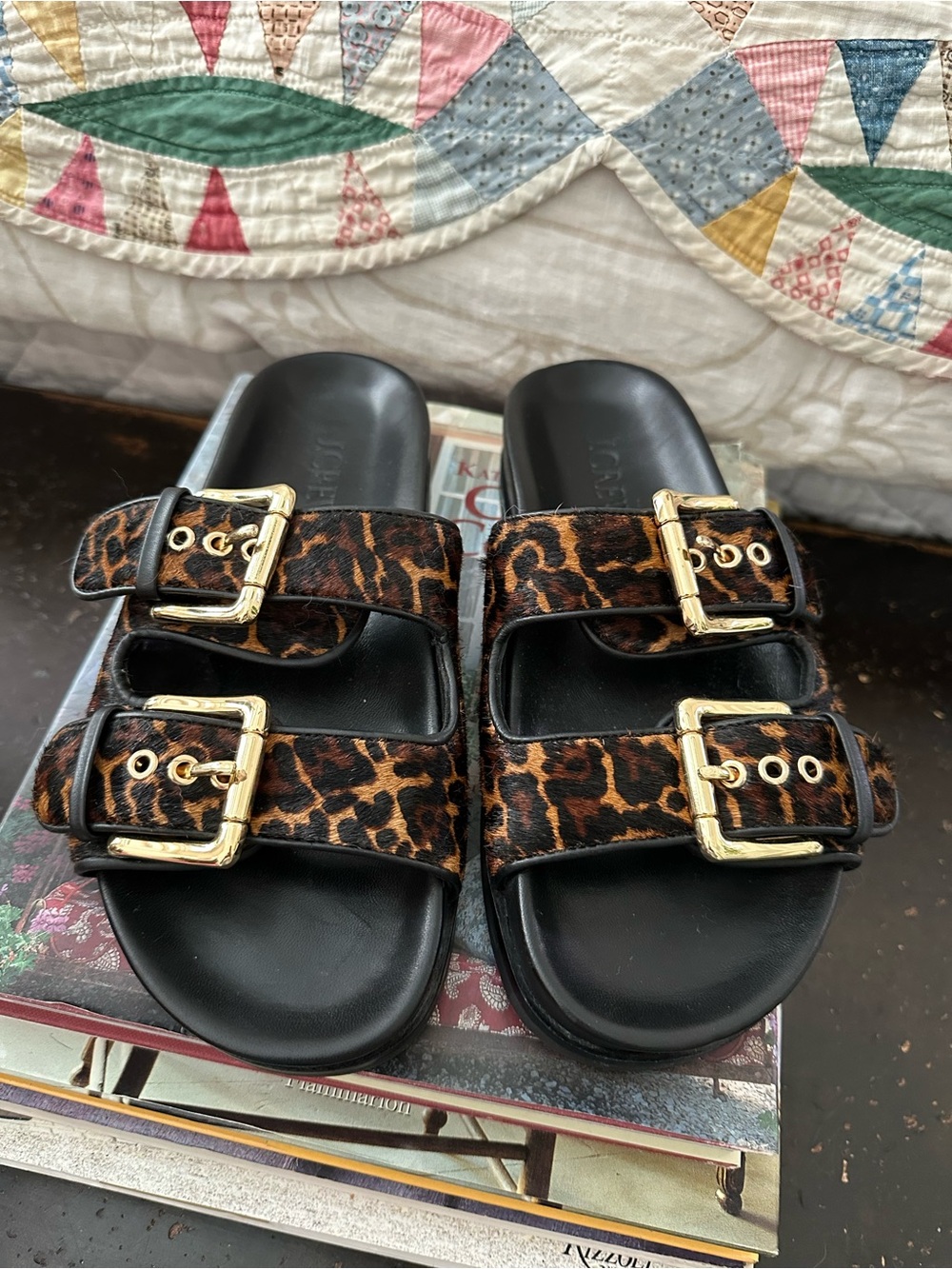 J Crew Colbie leopard print double buckle slide sandals